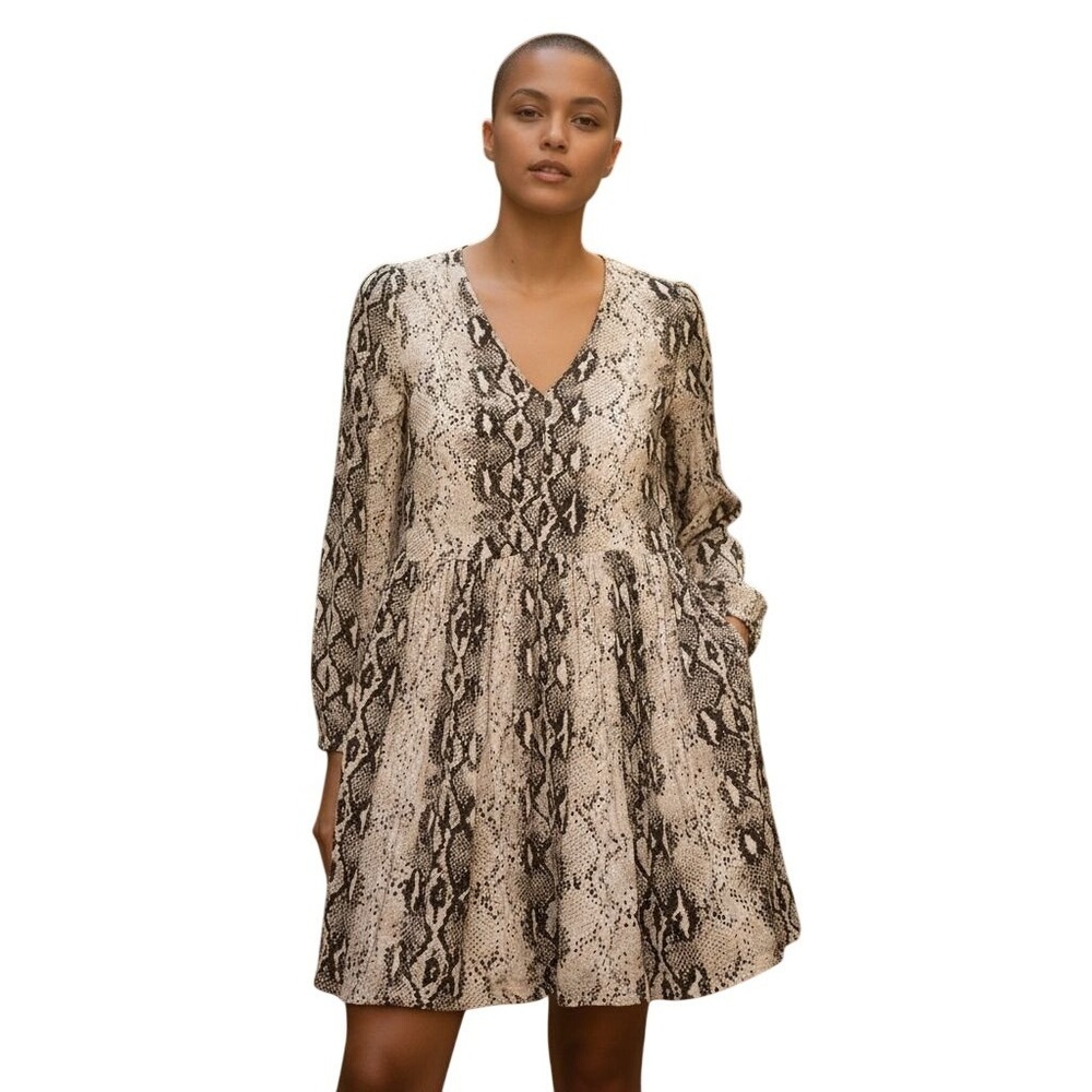 KORI AMERICA Womens Snake Print Long Sleeve V Neck A Line Dress Size M